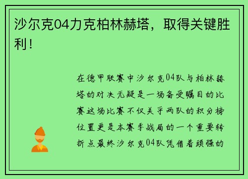 沙尔克04力克柏林赫塔，取得关键胜利！