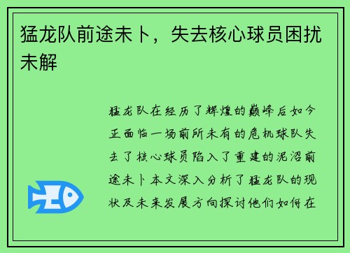猛龙队前途未卜，失去核心球员困扰未解